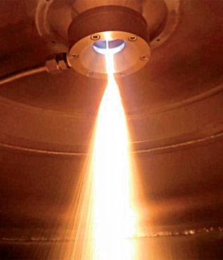 Arcast VersaMelt inert gas atomizer, showing the atomization jet
